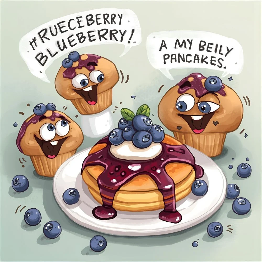blueberry food humor cartoon, muffins and pancakes
