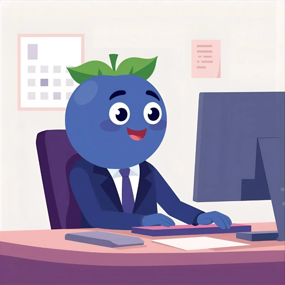 blueberry cartoon in office suit, flat design