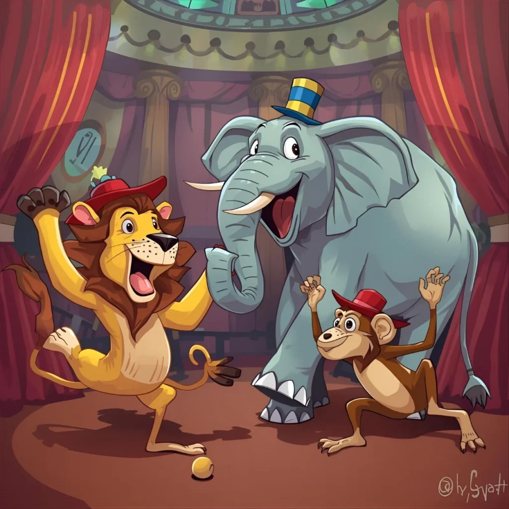 funny circus animals cartoon illustration,