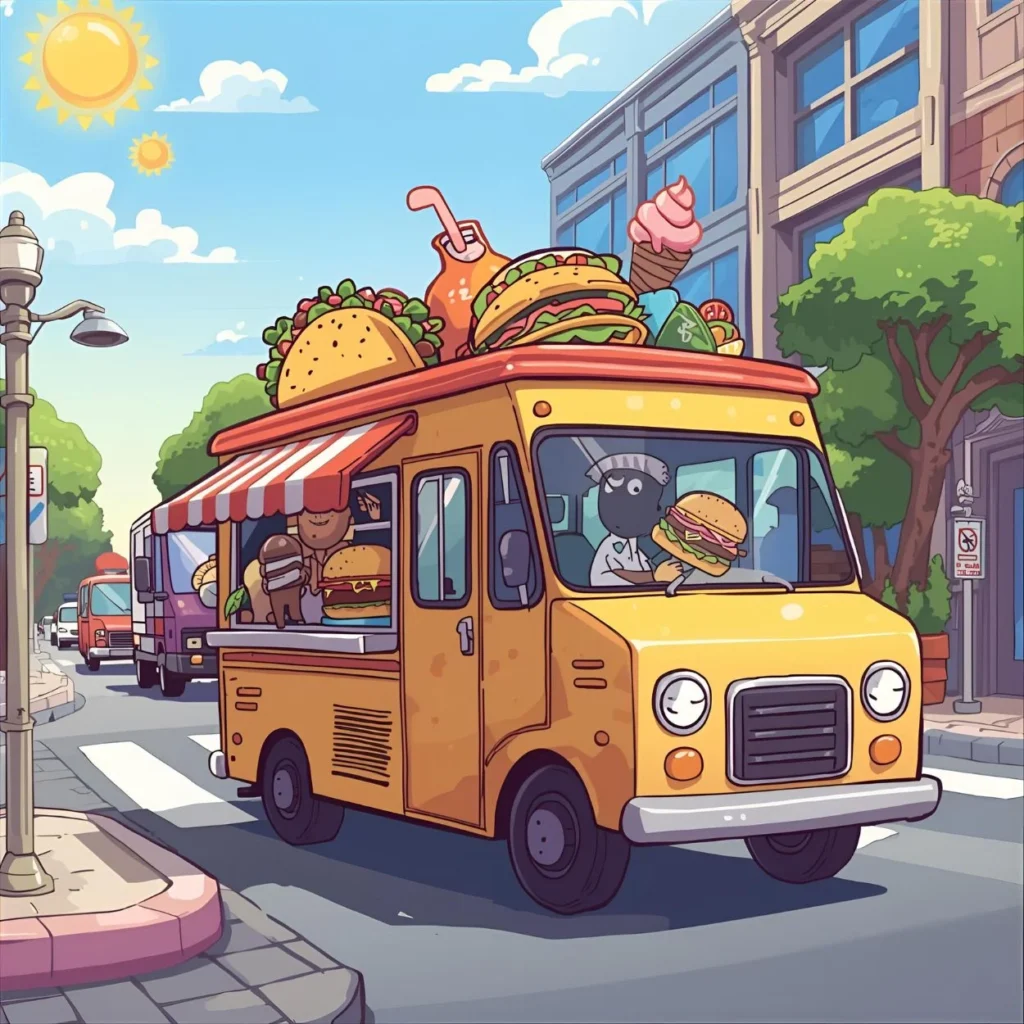 Food delivery truck puns cartoon with tacos, burgers, ice cream
