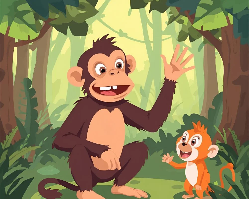 Funny monkey jungle jokes cartoon illustration, colorful, flat design