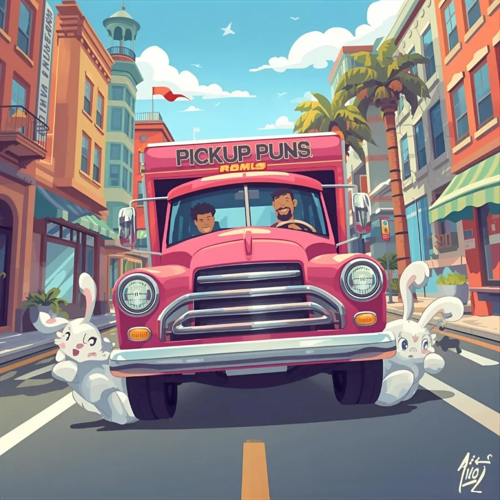 Pickup truck puns cartoon, bright colors, playful style