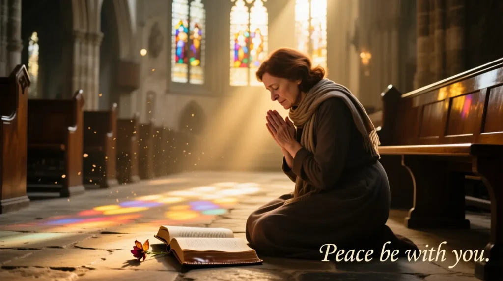 A faithful man praying in church with sunlight shining through stained glass