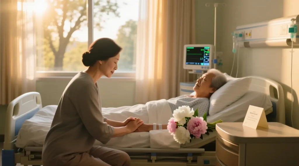 A person praying beside a sick loved one in a peaceful hospital room