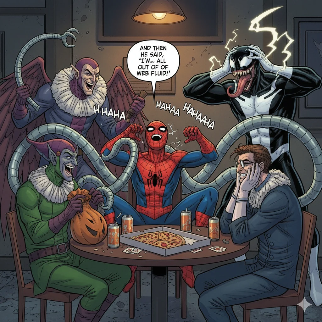 Spiderman and villains laughing in a comic panel
