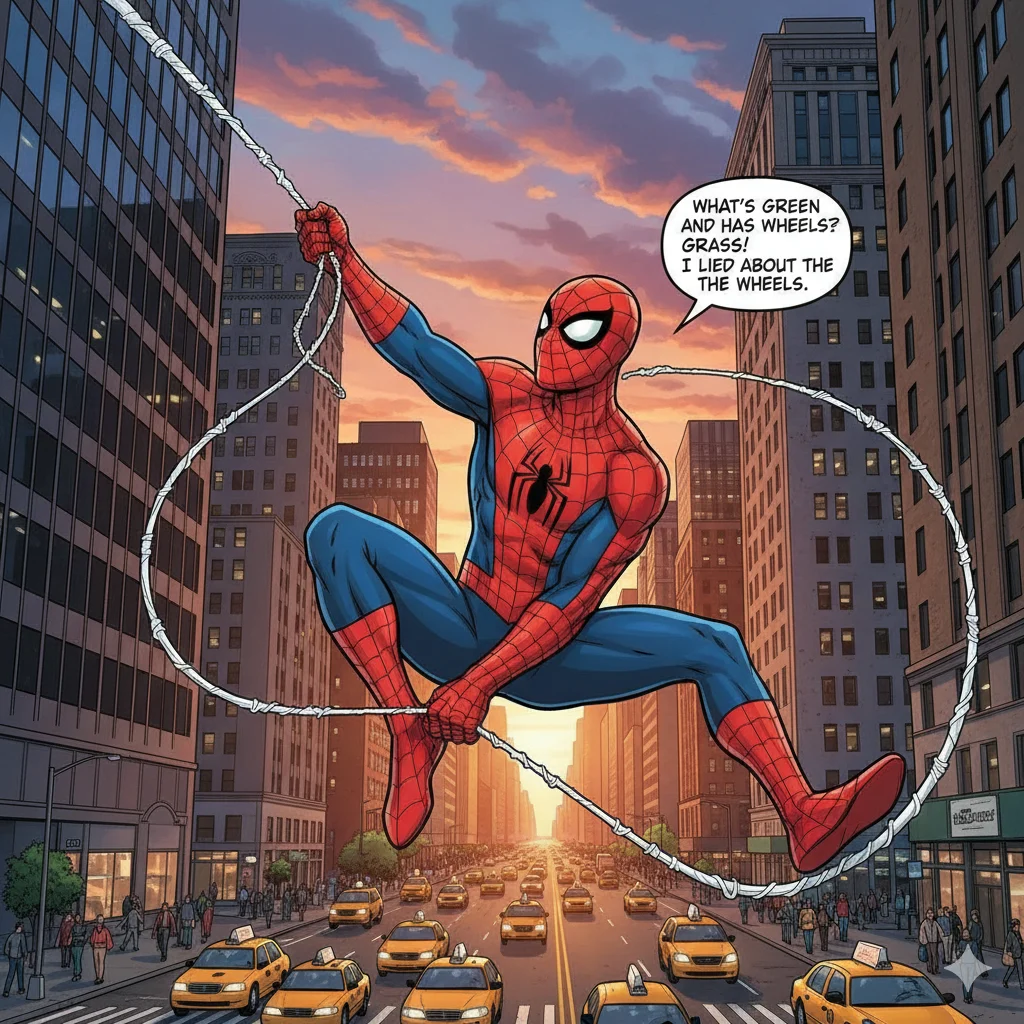 Spiderman telling jokes while shooting web strings