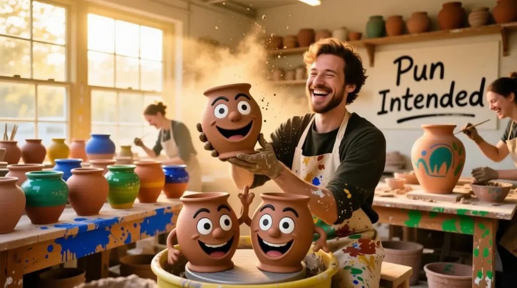 Cartoon clay pots laughing together, sharing funny pottery puns in a playful art studio.