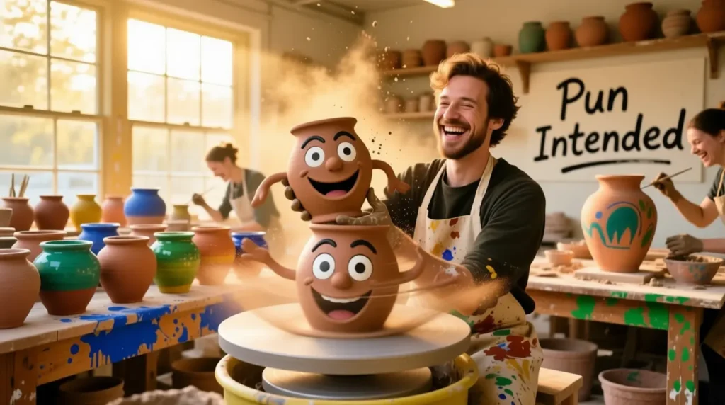 Cartoon pottery wheel spinning with a smiling clay pot, surrounded by cheerful splashes of clay.