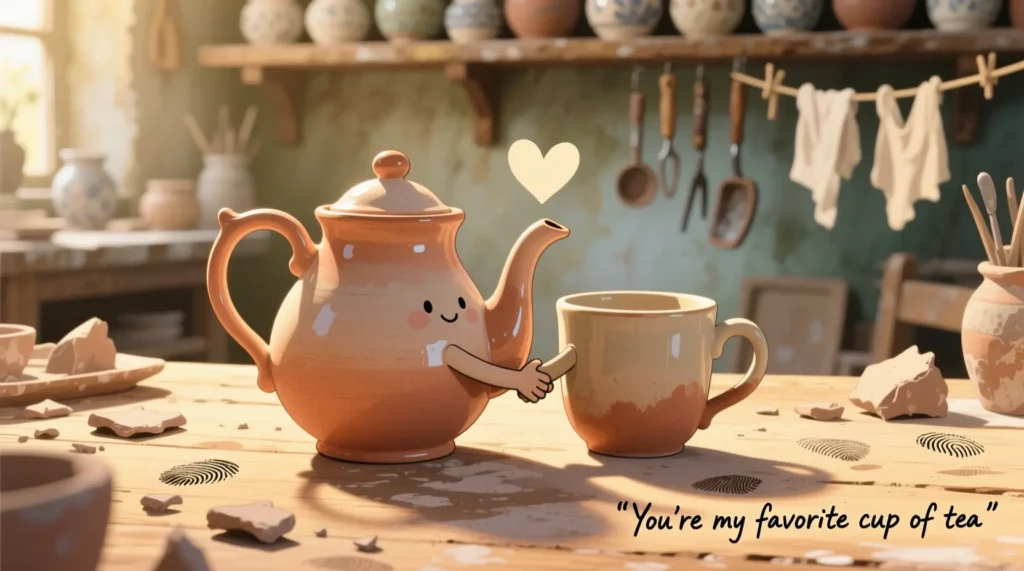 Cute cartoon pot and mug holding hands with hearts floating around, sharing a romantic pottery moment.