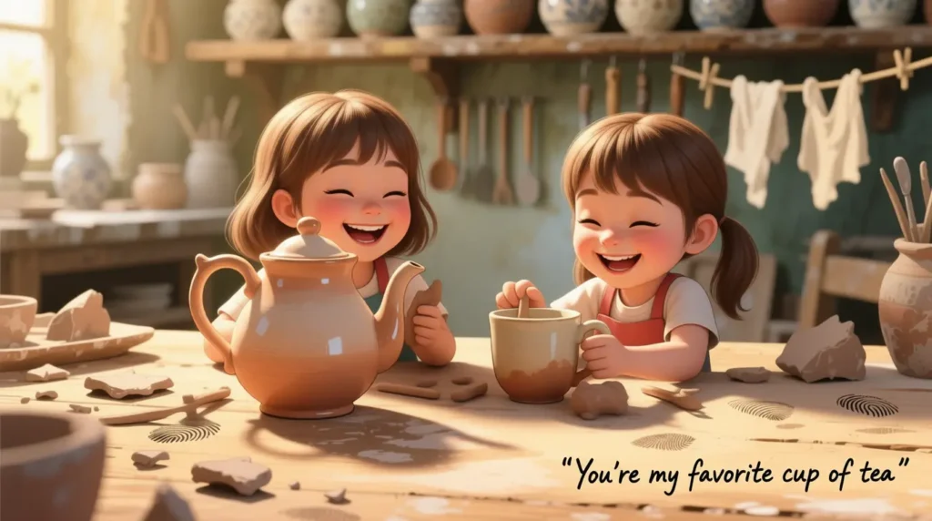 Happy kids playing with colorful clay, giggling while shaping funny little pots and cups.