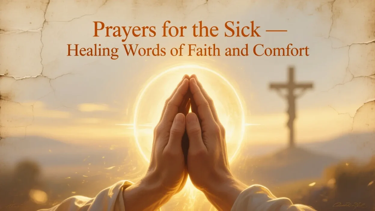 Hands joined in prayer with warm light and healing theme, symbolizing faith and comfort for the sick.