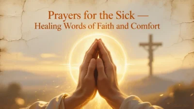 Hands joined in prayer with warm light and healing theme, symbolizing faith and comfort for the sick.