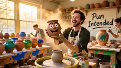 Funny pottery studio with people making clay pots and sharing pottery puns.